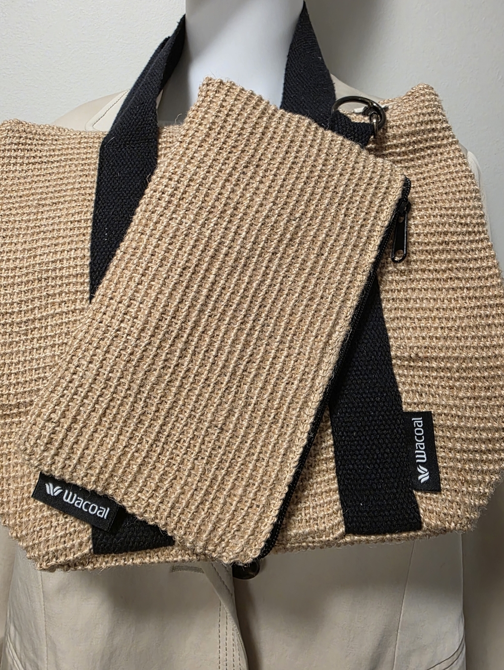 Wacoal Natural Raffia Tote with Black Straps and Pouch